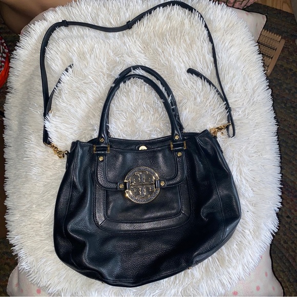 Tory Burch Amanda black pebbled leather double handles w shoulder strap hand bag - Picture 1 of 16